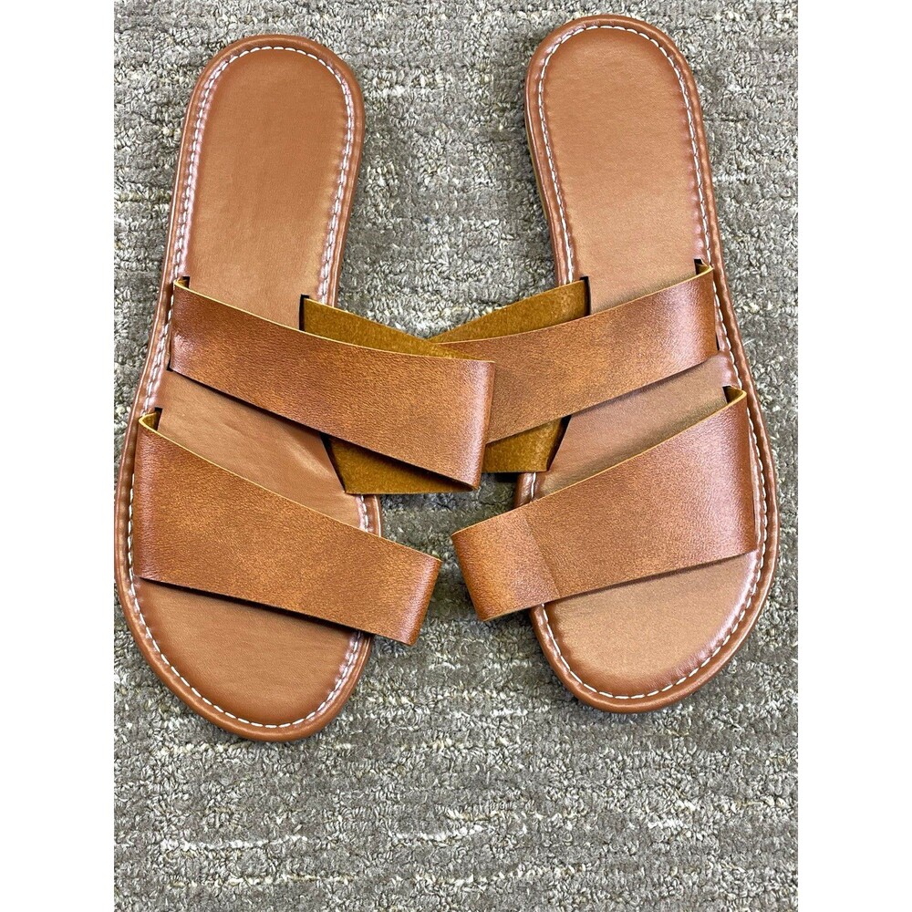 New Women’s Brown Slide Sandals Open Toe Crisscross Strap Flat Slip-On EU39 W 9